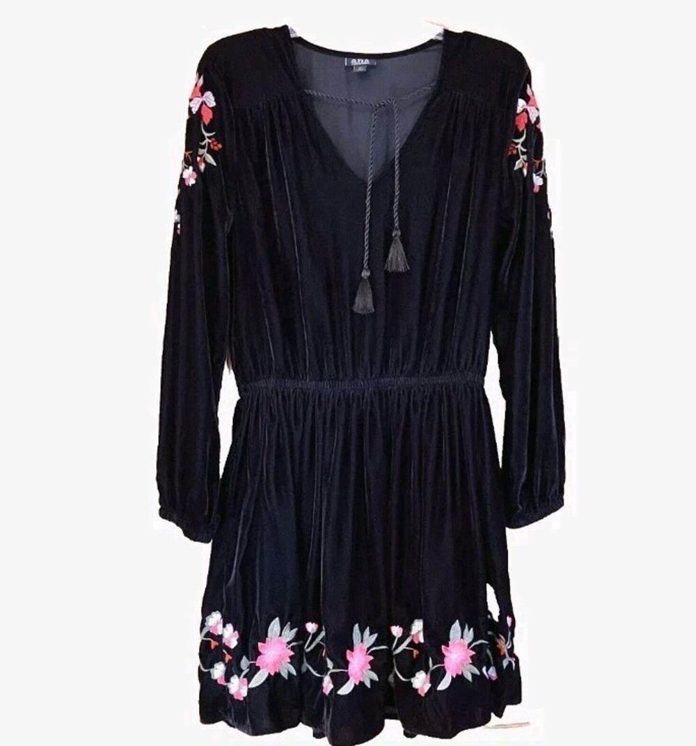 ANA Velvet Embroidered Dress XXL Dark Floral Whimsigoth Boho V-Neck Long Sleeve
